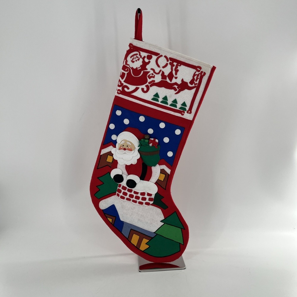 Bucilla Felt Christmas Stocking Applique Completed Kit Santa Down Chimney 24"‎